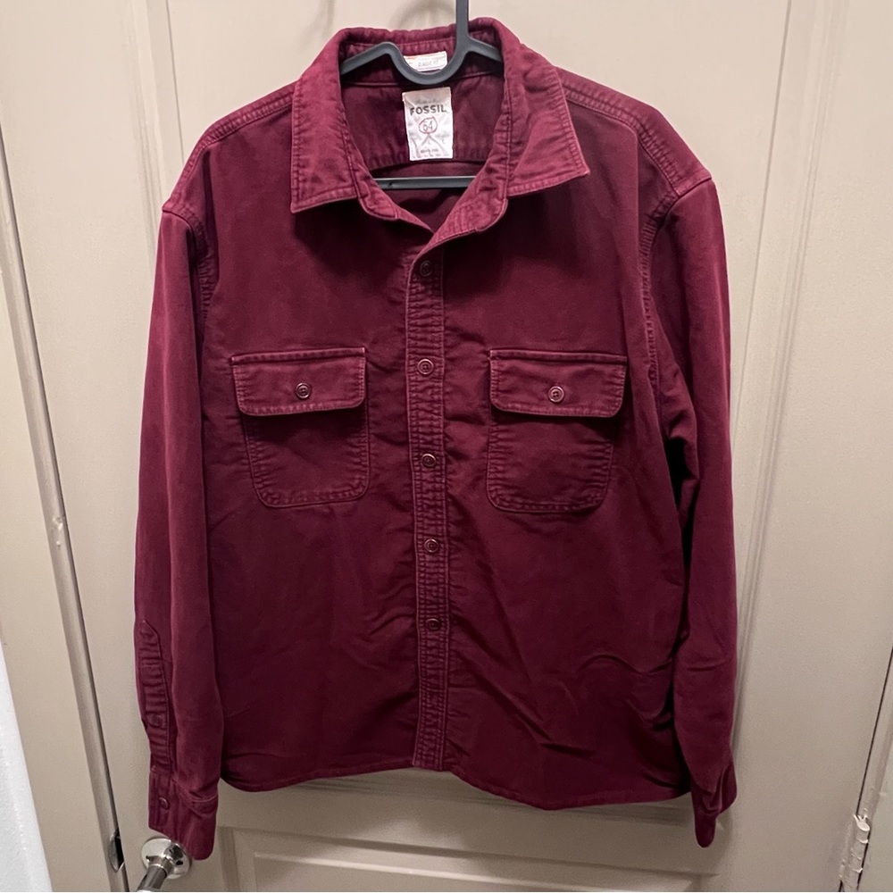 Fossil Men’s Button Down Thick Cotton Long Sleeve Shirt Burgundy Size Large